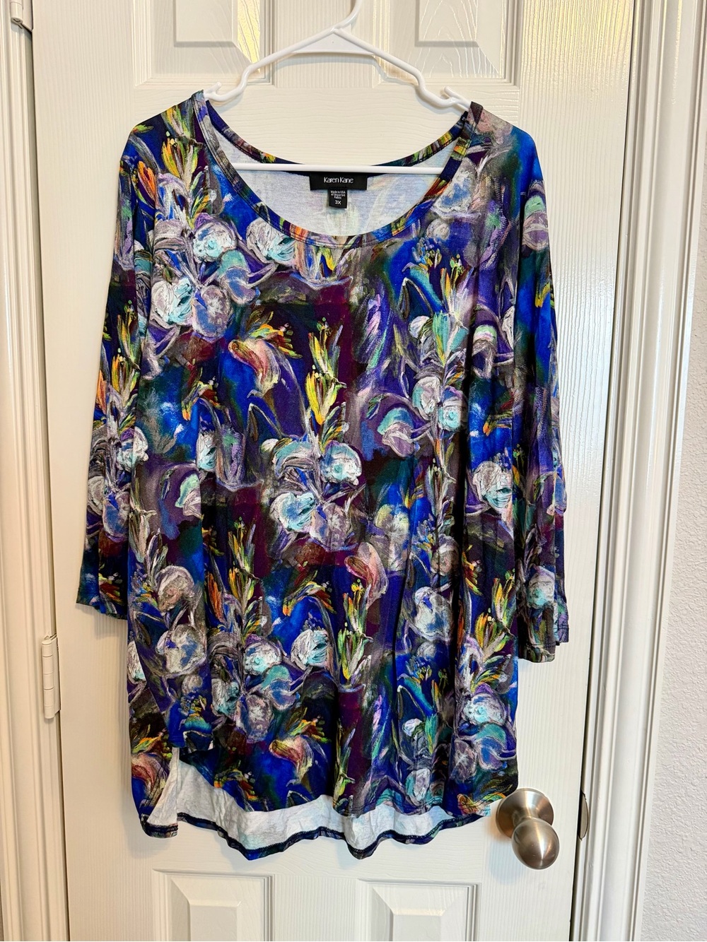 Karen Kane 3X Blue Floral Abstract Knit Tunic Top 3/4 Sleeve
